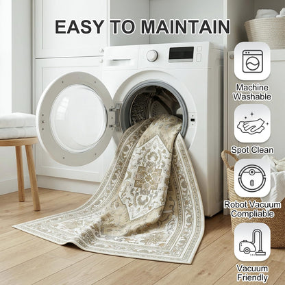 Cnythlis Large Washable Area Rug 8'x10' for Living Room, Water-Resistant, Non Slip Distressed Traditional Medallion Style Rug for Bedroom, 0.26" Low Pile, Pet Friendly Soft Faux Wool, Beige & Ivory