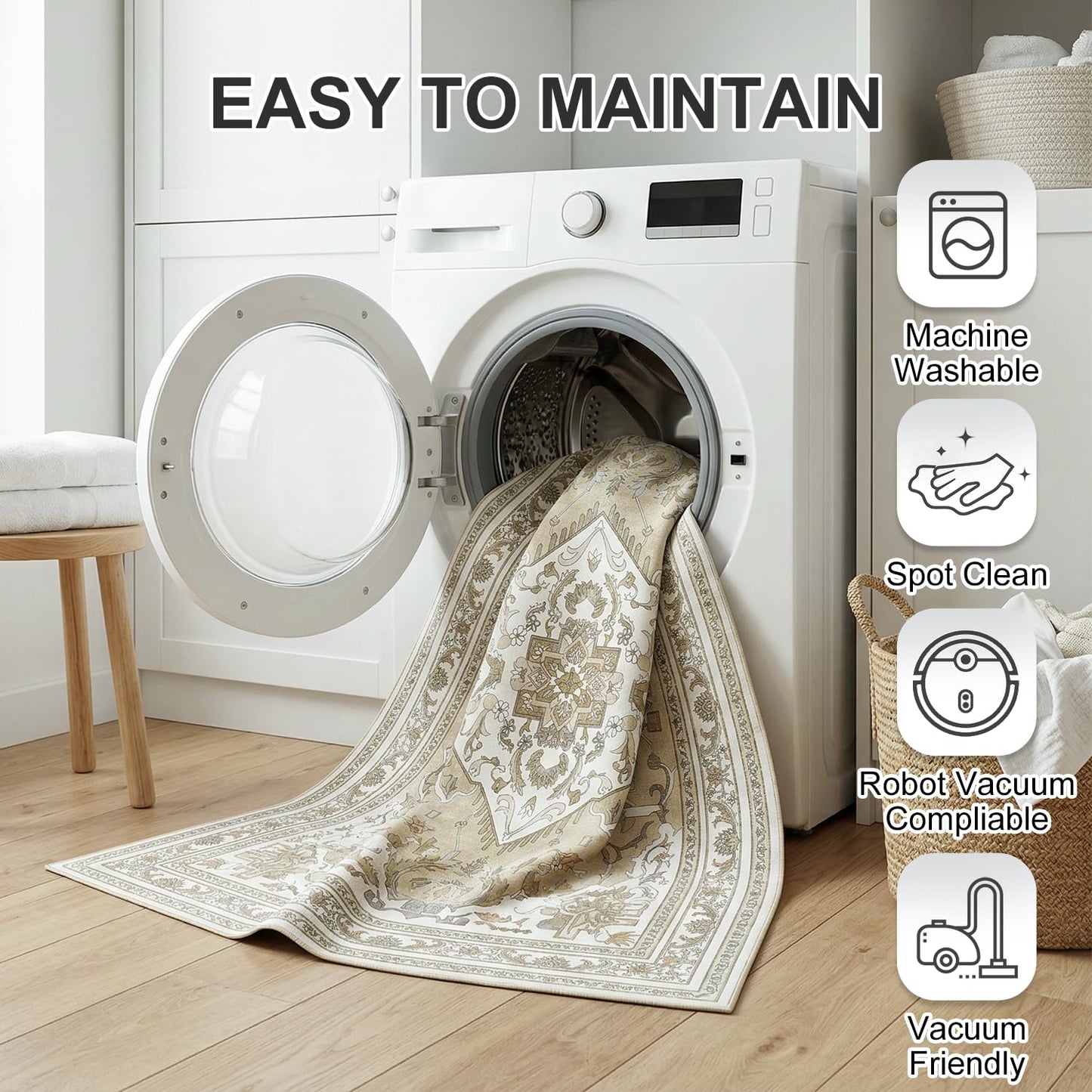 Cnythlis Extra Large Washable Area Rug Living Room Rug 9'x12', Vintage Medallion Non Slip Water Resistant Faux Wool Carpet for Bedroom Dining Room Office, 0.26" Low Pile, Beige & Ivory