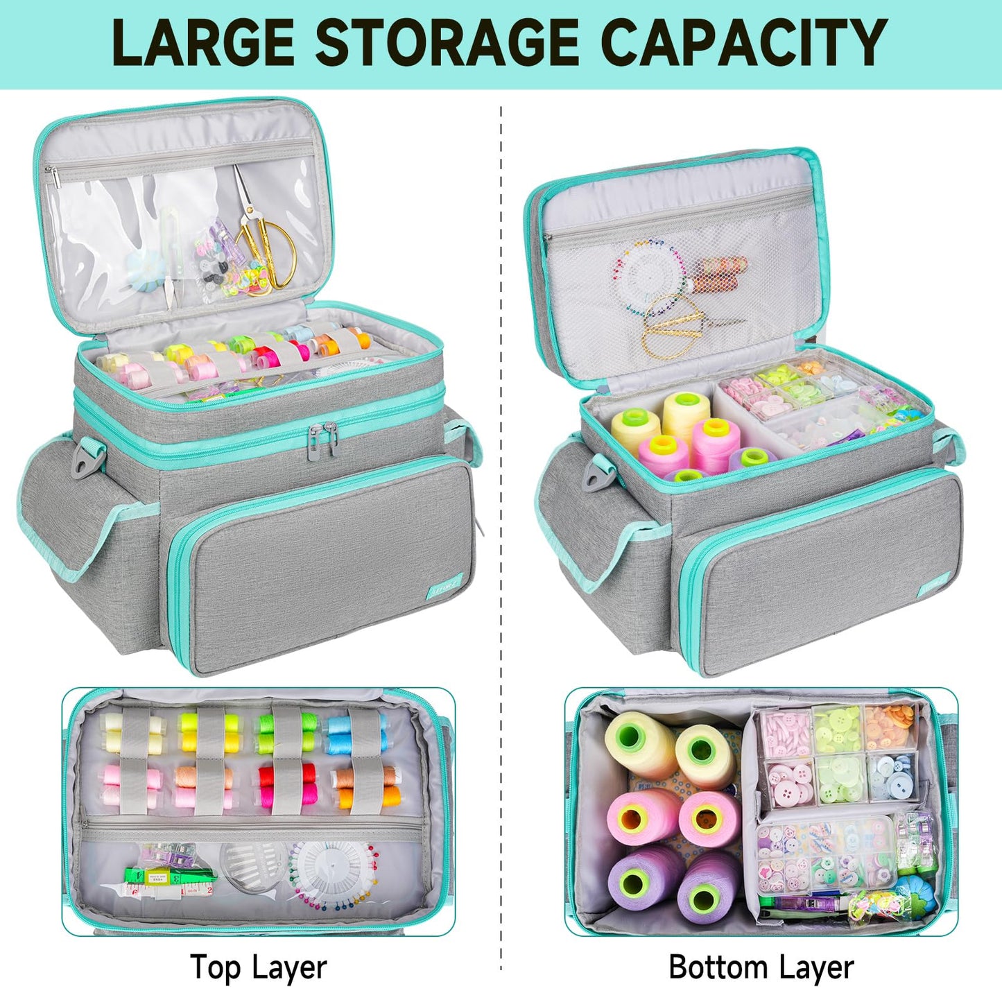 Large Sewing Supplies Organizer,Double-Layer Sewing Accessories Storage and Organizer Case Bag,Protable Travel Sewing Box Sewing Basket for Sewing Tools,Grey(Bag Only)