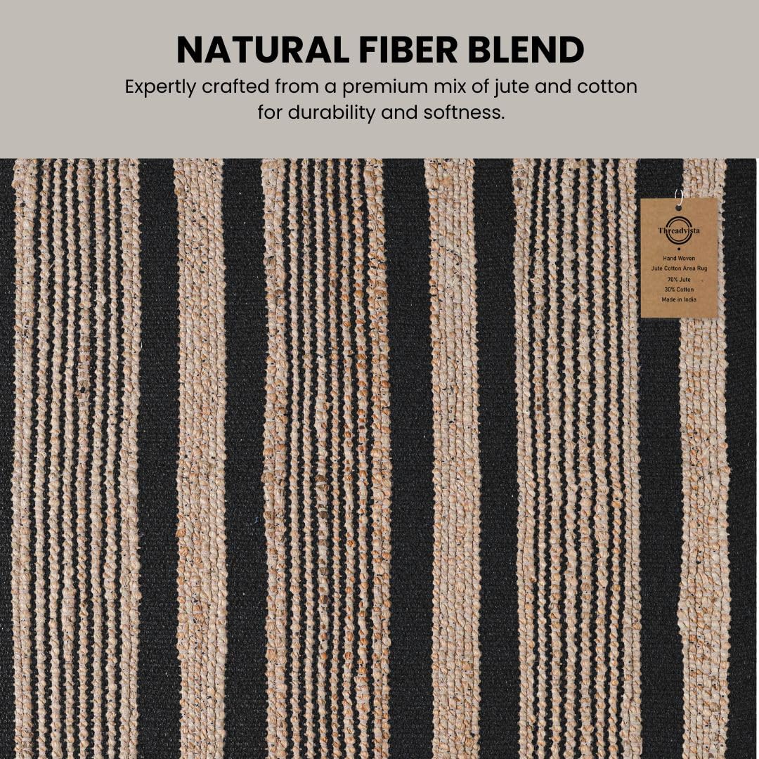 Threadvista Hand Woven Area Rug 2x3 Feet - Rustic Farmhouse Boho Accent Rug for Living Room Bedroom Kitchen Entryway Floor Mats Non Slip - Ideal for High Traffic Areas Jute Cotton Rug Natural Black