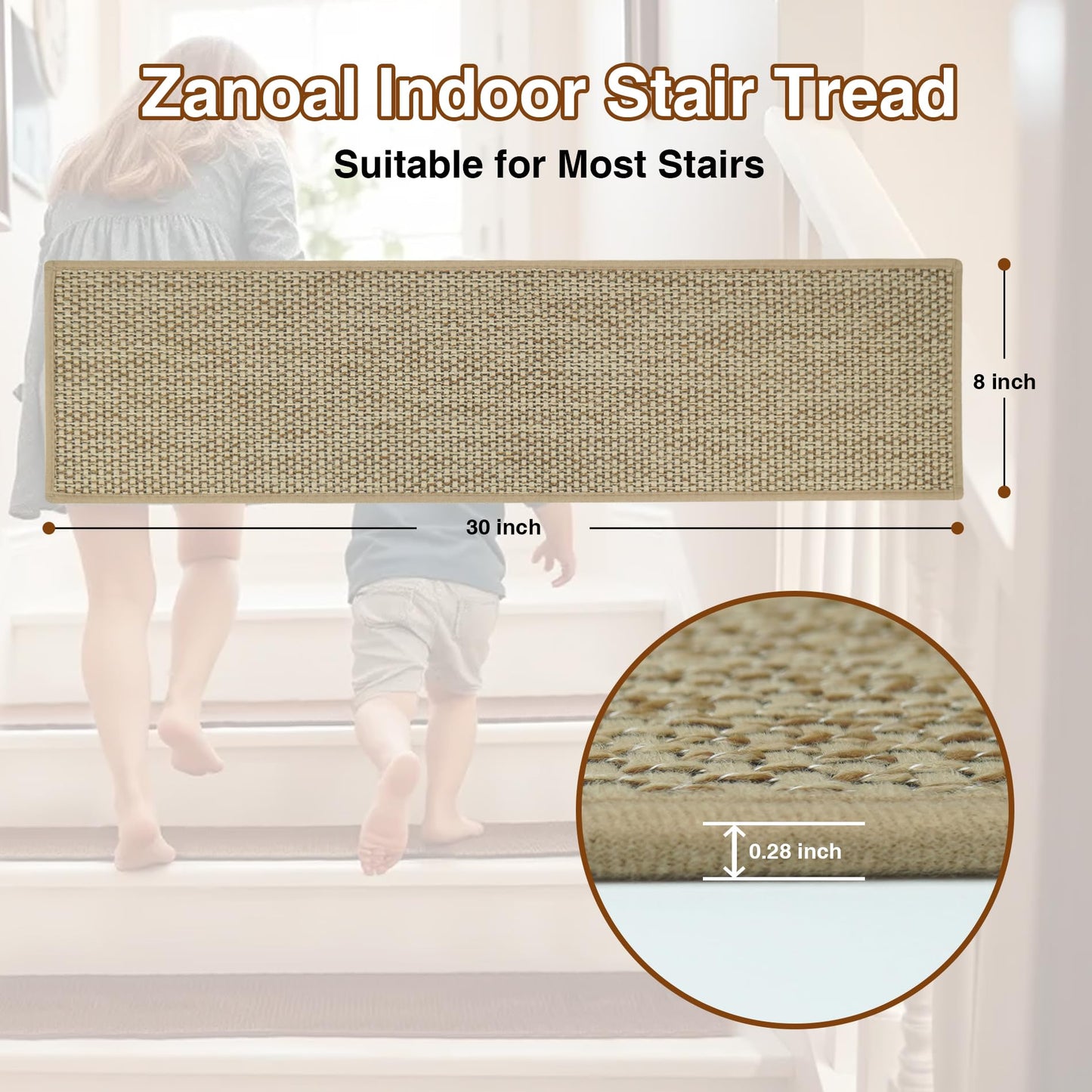 Stair Treads for Wooden Steps,Washable Peel and Stick Stair Tread Covers,Reusable Carpet Stair Treads Runner Rugs for Kids/Elders/Pets (Khaki, 4Pack 8"X30")