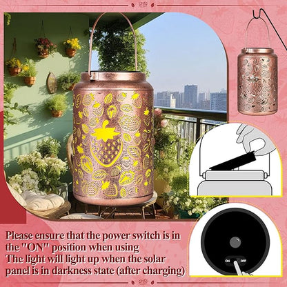 Solar Lanterns Outdoor Waterproof,Strawberry Hollowed-Out Metal Decor Lantern, Hanging Solar Lights Decoration Outside,Gifts for Women mom Memaw