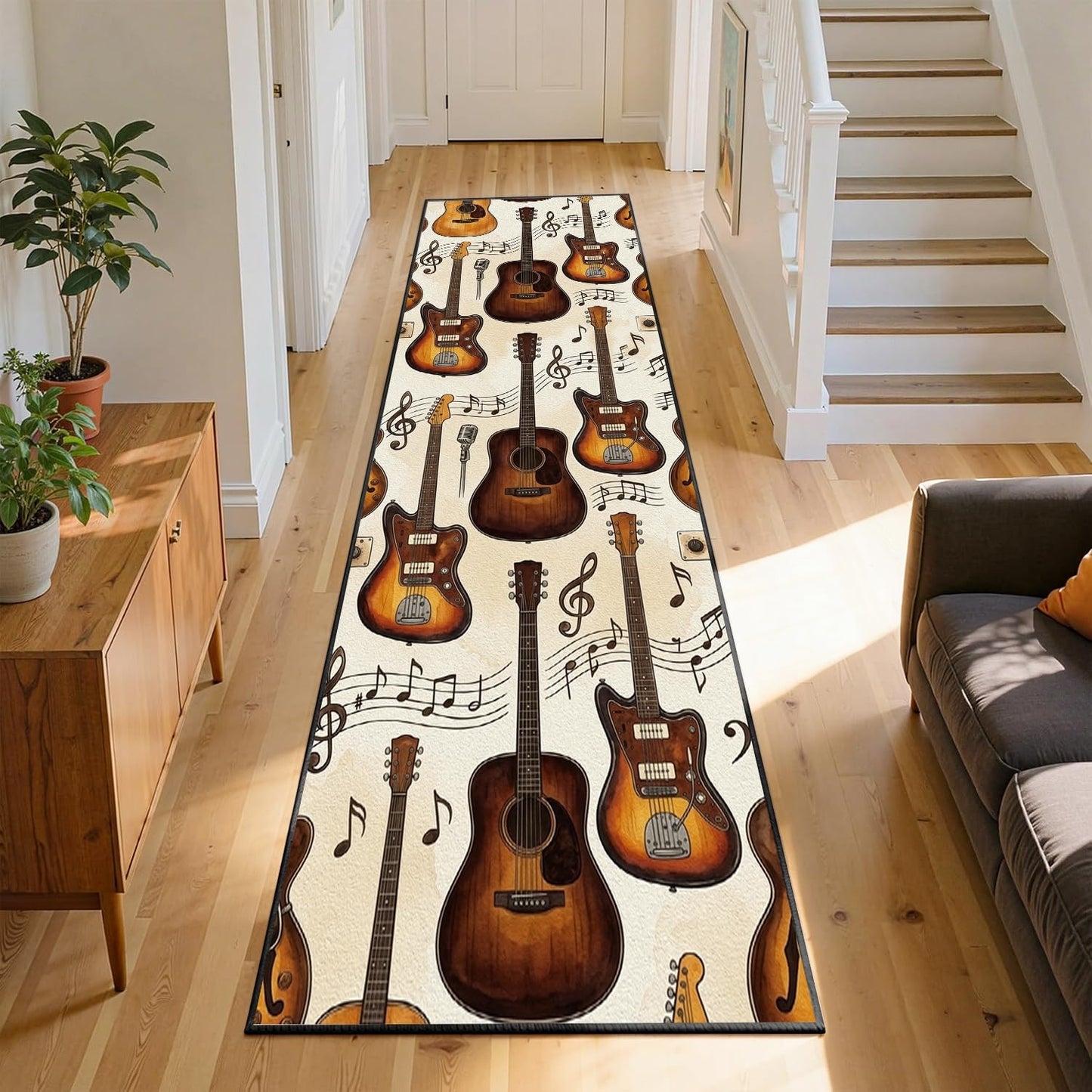 Vintage Guitar Runner Rug, 2x7ft American Style Studio Rug Musical Note and Acoustic Guitar Instrument Design, Musical Carpet for the Bedroom, Living Room, Classroom, Study, or Play Area