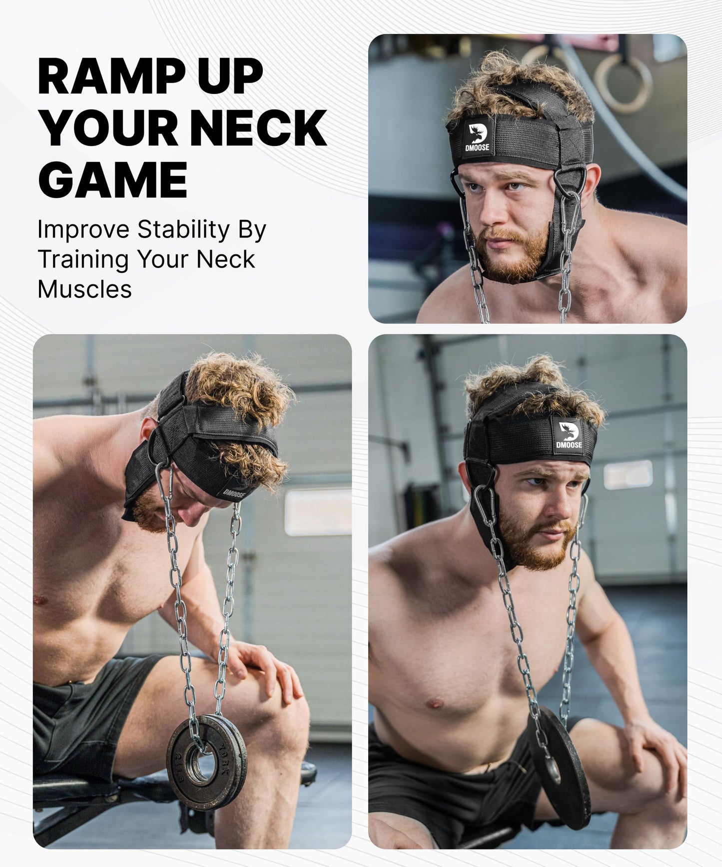 DMoose Fitness Neck Harness for Weight Lifting - Soft Padded Head & Chin Strap with 30" Heavy Duty Steel Chain - Neck Exerciser, Trainer & Strengthener to Support Injury Recovery (Red)