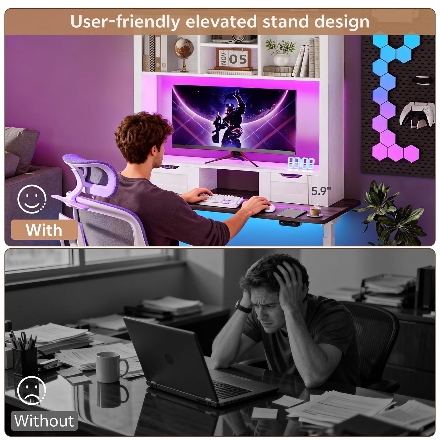 Homiflex Desk Shelf with Computer Monitor Stand, 37.4''W Desktop Bookshelf Display Rack, Desktop Organizer Storage Rack with Cubbies & Drawers, 5-Tier Hutch for Home, Office, Dorm, Vanity, White&Brown