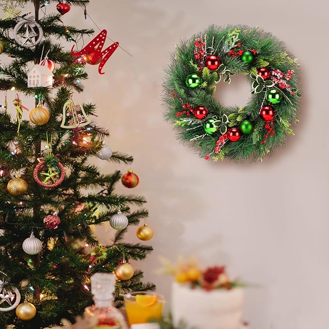 Christmas Wreath, 24inch Christmas Wreaths for Front Door, Artificial Wreaths with Wreath Hanger, Autumn and Winter, Indoors,Outdoors, corridors, Offices. (Green)