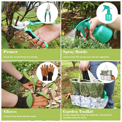 Heavy Duty Gardening Tools, 9 Pieces Garden Tool Set, Stainless Steel Rust Proof Non-Slip Garden Hand Tools with Fashion and Durable Storage Bag, Ideal Gardening Gifts for Women Men Mom