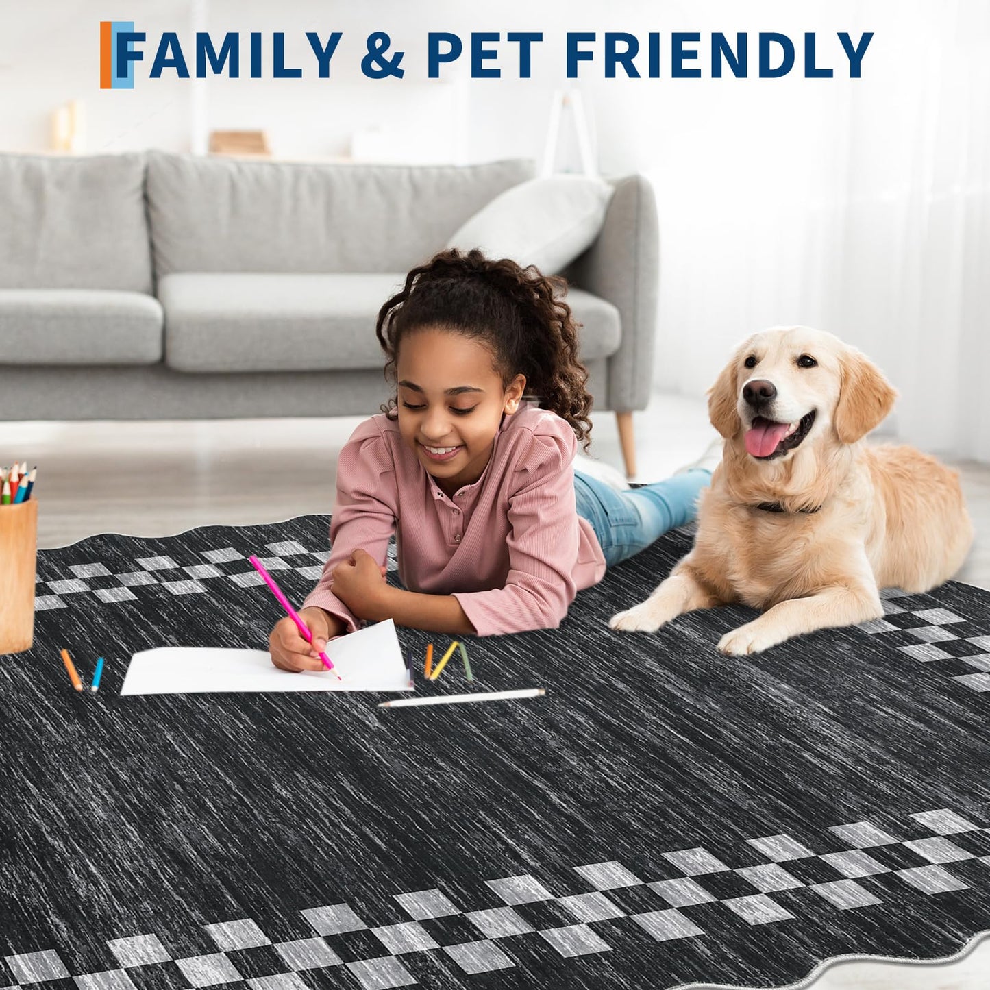 Small Area Rug 2x3 Modern Checkered Entry Rug Solid Color Scalloped Kitchen Rugs Washable Bedroom Doormat Non Slip Stain Resistant Bordered Throw Carpet for Living Room Nursery Laundry, Grey
