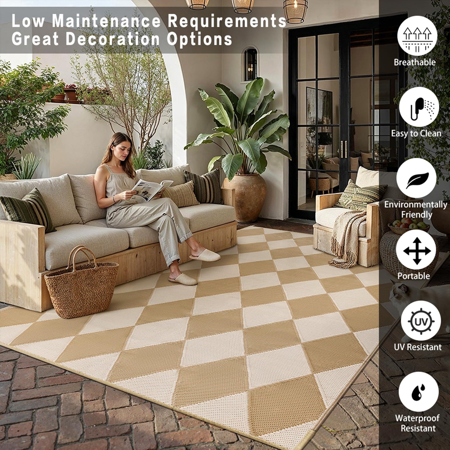 WondRg Outdoor Plastic Checkered Rug Waterproof Patio 8x10 Beige Brown Diamond Geometry Mat for Porch Camping RV Balcony Deck Courtyard Reversible Lightweight Durable Portable