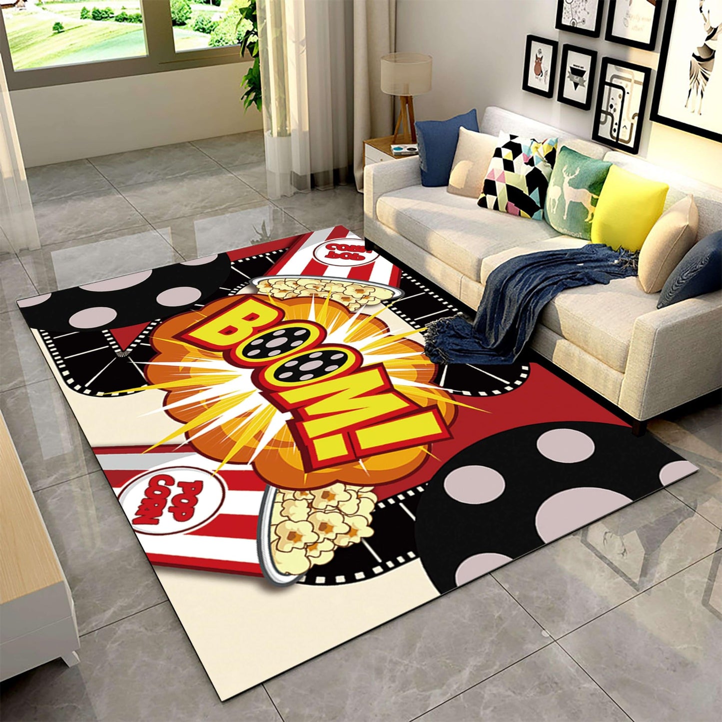 Puyosvr Cartoon Movie Area Rug,6x8ft,3D Cinema Object Patterned Carpet,Popcorn Theme Rugs,Kitchen Interior Non-Slip Washable Carpet Suitable for Restaurant Nursery Home Theater