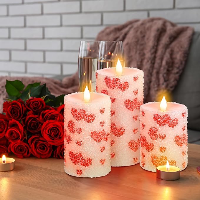 Baquler 3 Pcs Spring Pillar Candles Flameless LED Chinoiserie Candles Battery Operated Pastel Candy Blue and White Pressed Floral Candlestick 6 Inch for Wedding Home Table Decoration(Heart)