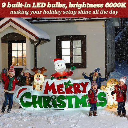 9.5 FT Christmas Inflatable Merry Christmas Sign with Santa, Reindeer & Gingerbread Man, LED Lit in- & Outdoor Decoration for Yard Garden Lawn Winter Decor