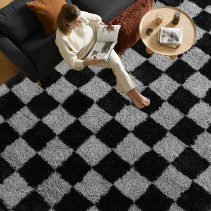 Rezutan Ultra Soft Rugs for Bedroom 8x10 Feet, Checkered Black Grey Fluffy Shag Area Rugs for Living Room, Large Comfy Furry Rug for Girls Kids Baby Room Decor Teenage Pastel Princess Rug, Non Slip