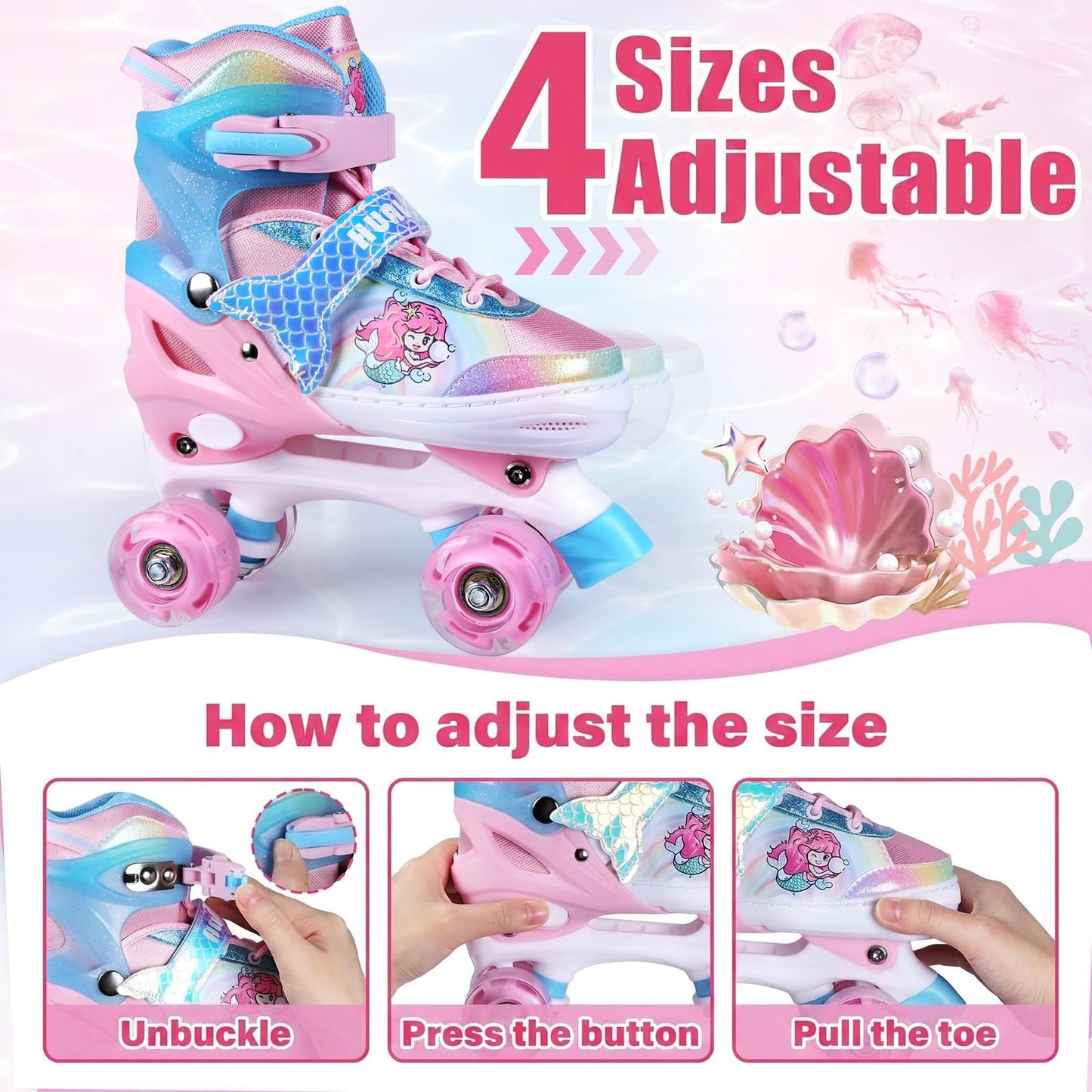 Hualonger Roller Skates,4 Size Adjustable Roller Skates Kids,Light-Up Wheels and Adorable Cartoon Designs, Multiple Layers of Protection for Girls and Boys,Suitable Indoor Outdoor