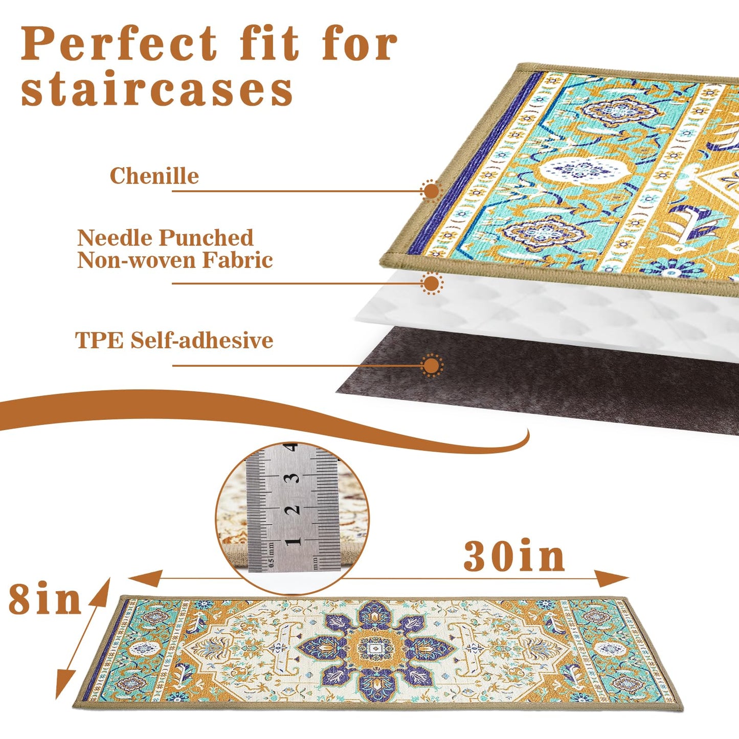 FlowaFoli 15Pcs Stair Treads for Wooden Steps Indoor with Self Adhesive, 8"x30" Non Slip Stair Treads Stair Carpet Runner, Resistant Indoor Runner for Kids、Elders and Pets,Blue and Gold Pattern