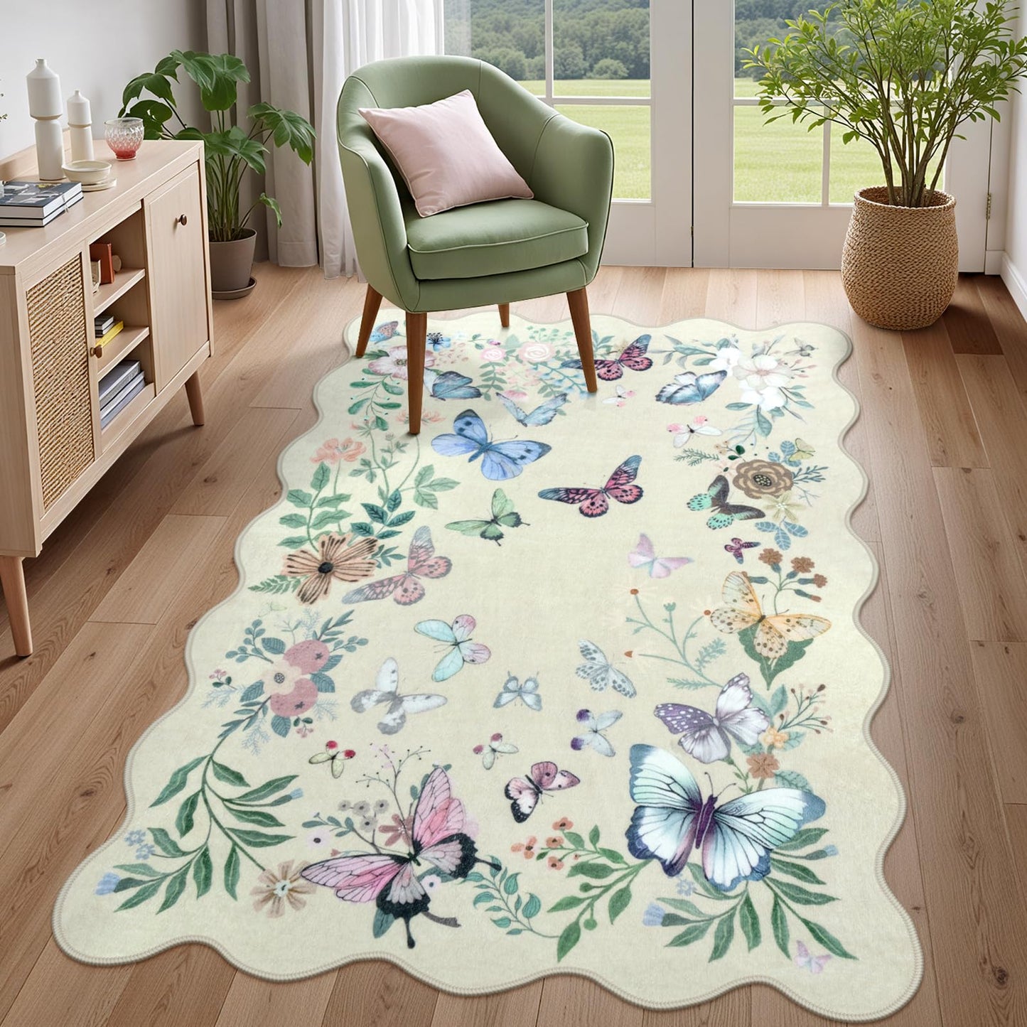 Rugalia Washable Scalloped Butterfly Area Rug, 3x5 Beige Indoor Entryway Rug Soft Non-Slip Boho Kitchen Rugs, Ultra Thin Botanical Floral Throw Carpet for Living Room Bedroom Nursery Foyer