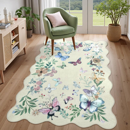 Rugalia Washable Scalloped Butterfly Area Rug, 3x5 Beige Indoor Entryway Rug Soft Non-Slip Boho Kitchen Rugs, Ultra Thin Botanical Floral Throw Carpet for Living Room Bedroom Nursery Foyer