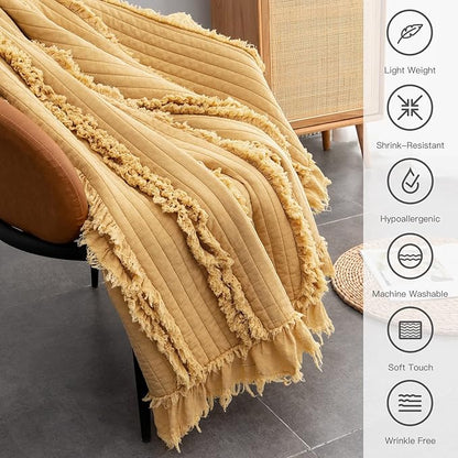 Ultra Soft Pre-Washed Quilted Boho Yellow Twin Size Blankets for Bed, Ruffle Fringed Decorative Throw, Stone Washed Chic Rustic Blanket for Sofa Couch Bed, 60"*80"