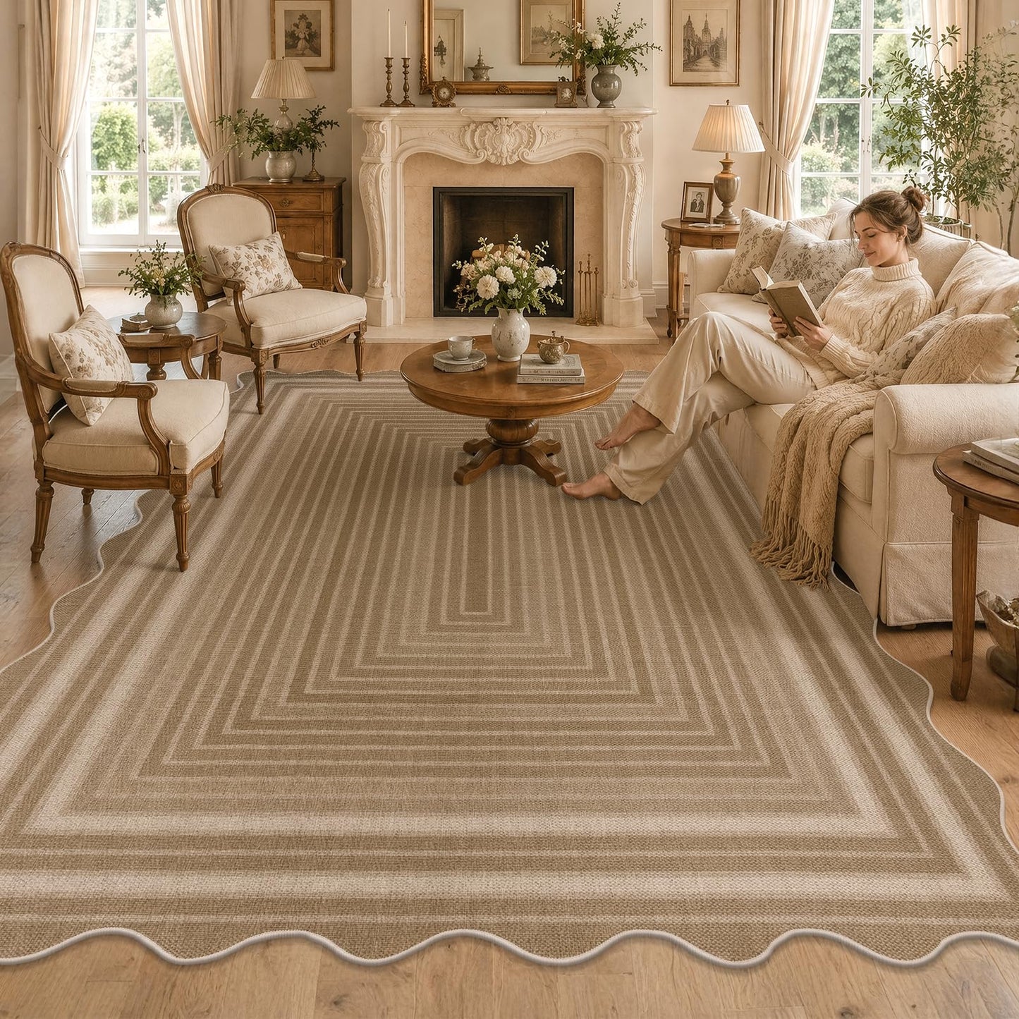 Yamaziot Washable Indoor Outdoor Rug 8x10, Scalloped Geometry Faux Tan Jute Outdoor Carpet Non Slip Modern Woven Textured Patio Rug for Backyard Balcony Deck, White