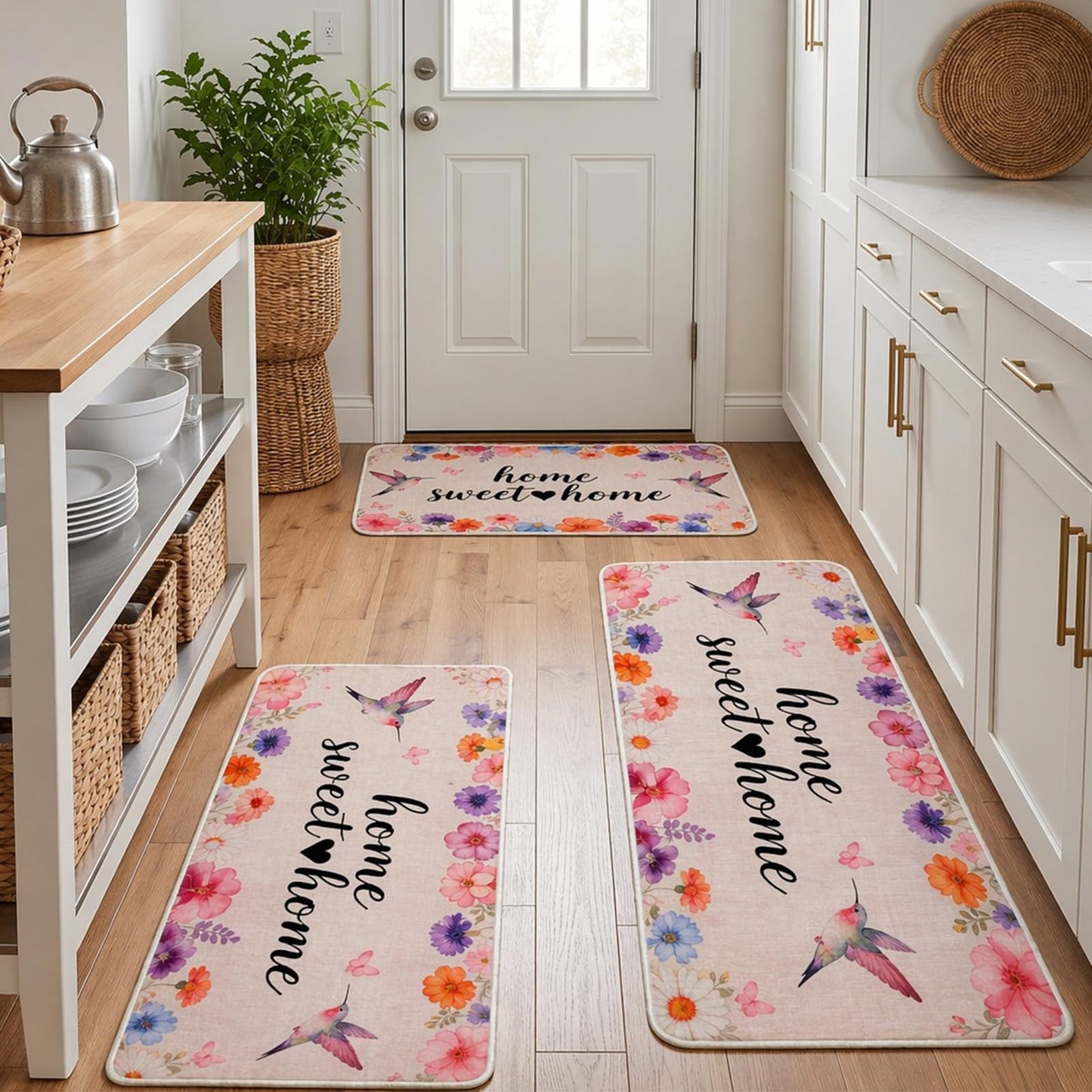 Kitchen Mats for Floor 3PCS,Non Slip Waterproof Kitchen Sink Rugs,Washable Spring Hummingbird Floral Door Mat Comfort Standing Mat for Laundry, Desk, Bar, Office,17“x32”+17“x47”+17“x60”(Hummingbird)