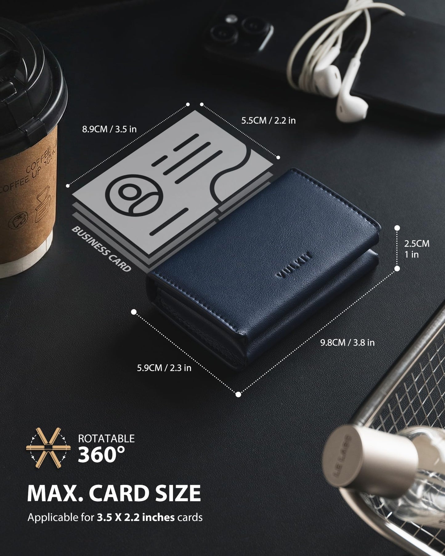 VULKIT Leather Business Card Holder, RFID Blocking, Magnetic Closure, 2 Big Slots Holds up to 40 Cards, Navy Blue