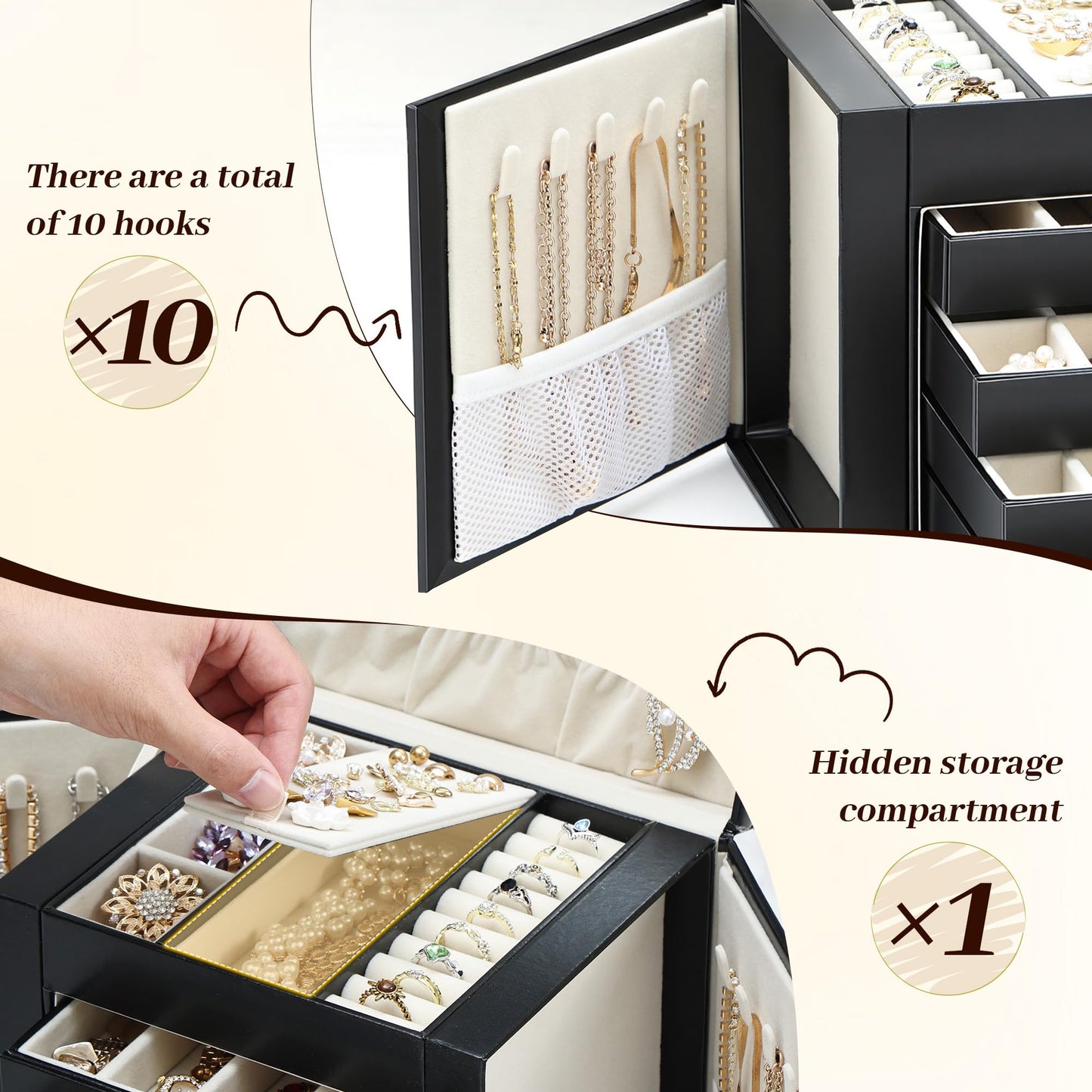 Jewelry Box for Women with Lock, 5-Layer Jewelry Organizer with Mirror & 4 Drawers, Lockable Faux Leather Storage Case for Ring Necklace Bracelet Earring, Elegant Gift for Girls Mom Girlfriend, Black