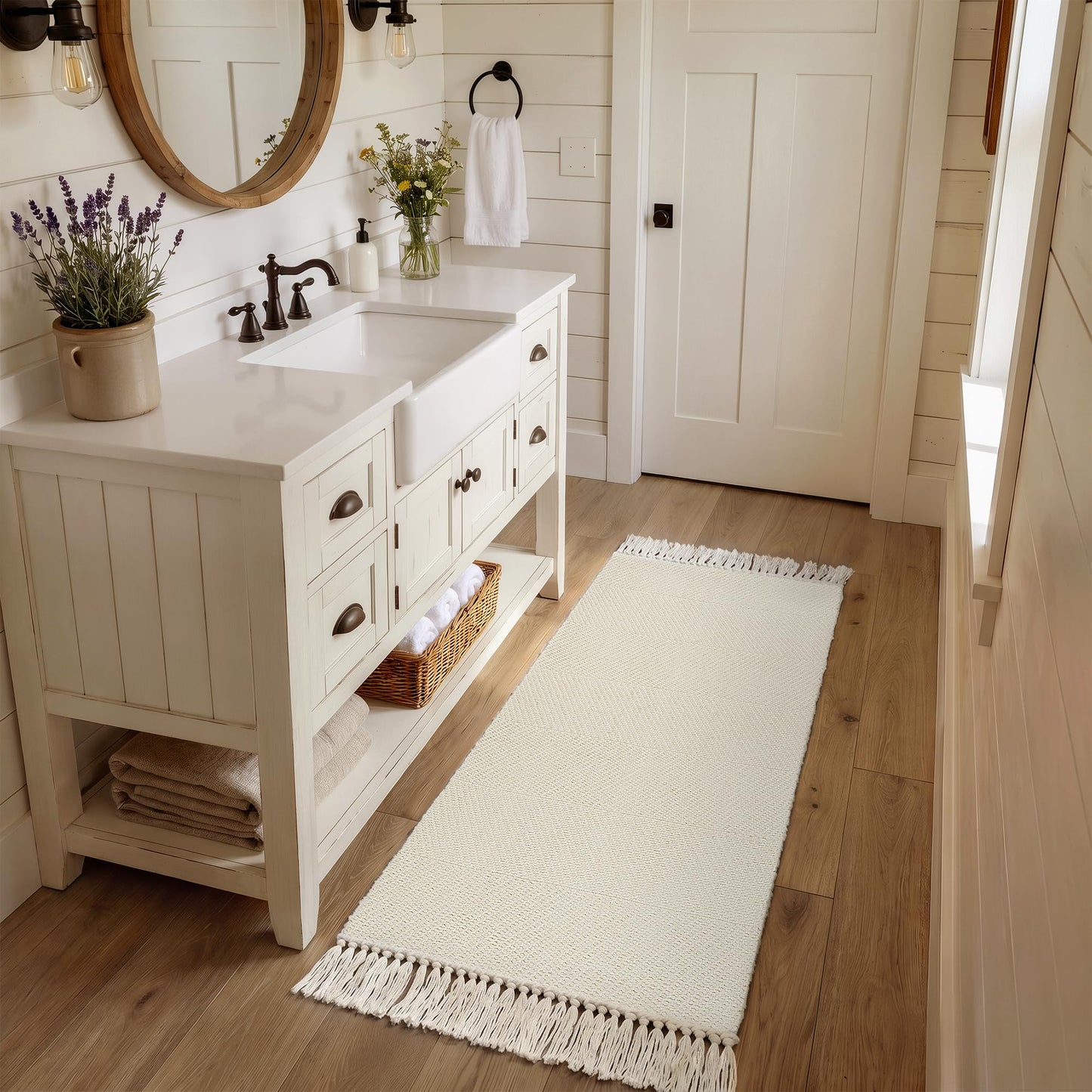 Collive Bathroom Runner Rug, 2' x 5' Modern Farmhouse Kitchen Runner Rug Hand-Woven Entryway Rugs Runners for Hallway, White Boho Washable Laundry Carpet Indoor Front Door Mat for Bedroom Decor