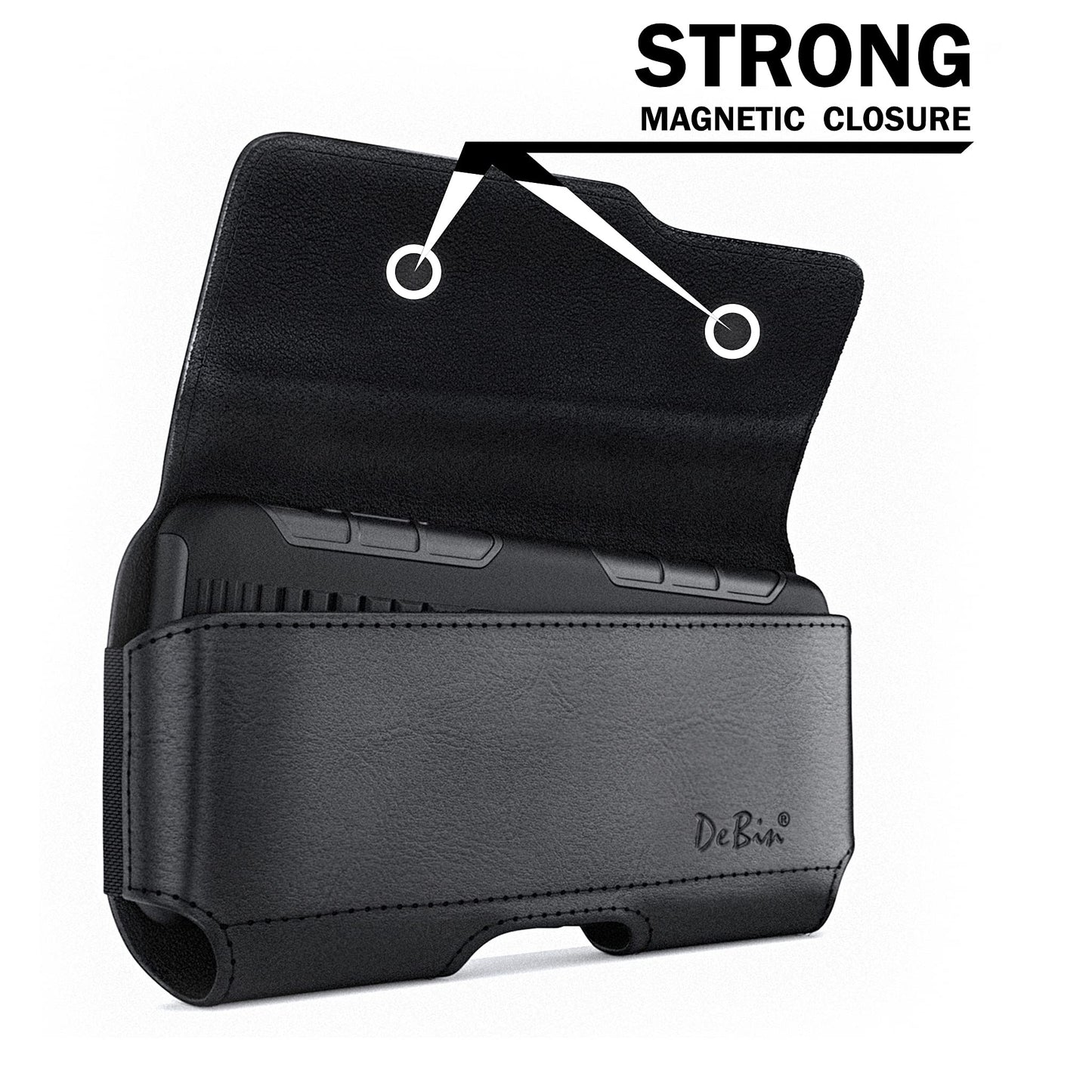 DeBin Holster for Large iPhone Plus, Pro Max Models 16 15 14 13 12 11 Xs Max – Leather Cell Phone Belt Holder Case with Clip, Carrying Pouch Cover Fits Phone with Case on, Black