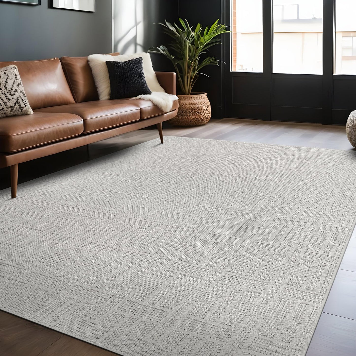 Luul Home Micro Loop Indoor Rug White 5x7 Boho Geometric Neutral Area Rugs for Living Room Soft Luxury Modern Low and High Pile Durable Stain Resistant Non-Shedding Indoor Area Carpet 5 x 7