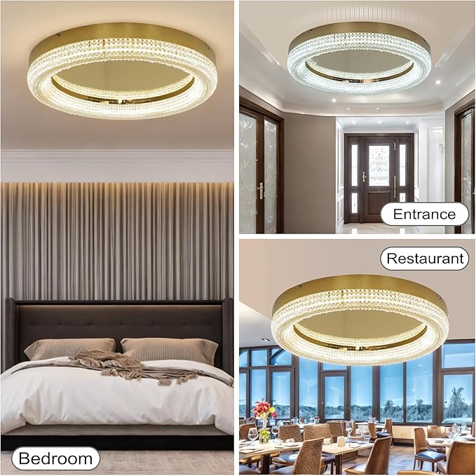 23.6" Gold LED 3 Color Remote Dimmable Modern Crystal Chandelier Round LED Crystal Ceiling Light Fixture Flush Mount Chandelier Ceiling Light with Crystals for Hallway Bedroom Kitchen Foyer (Gold)