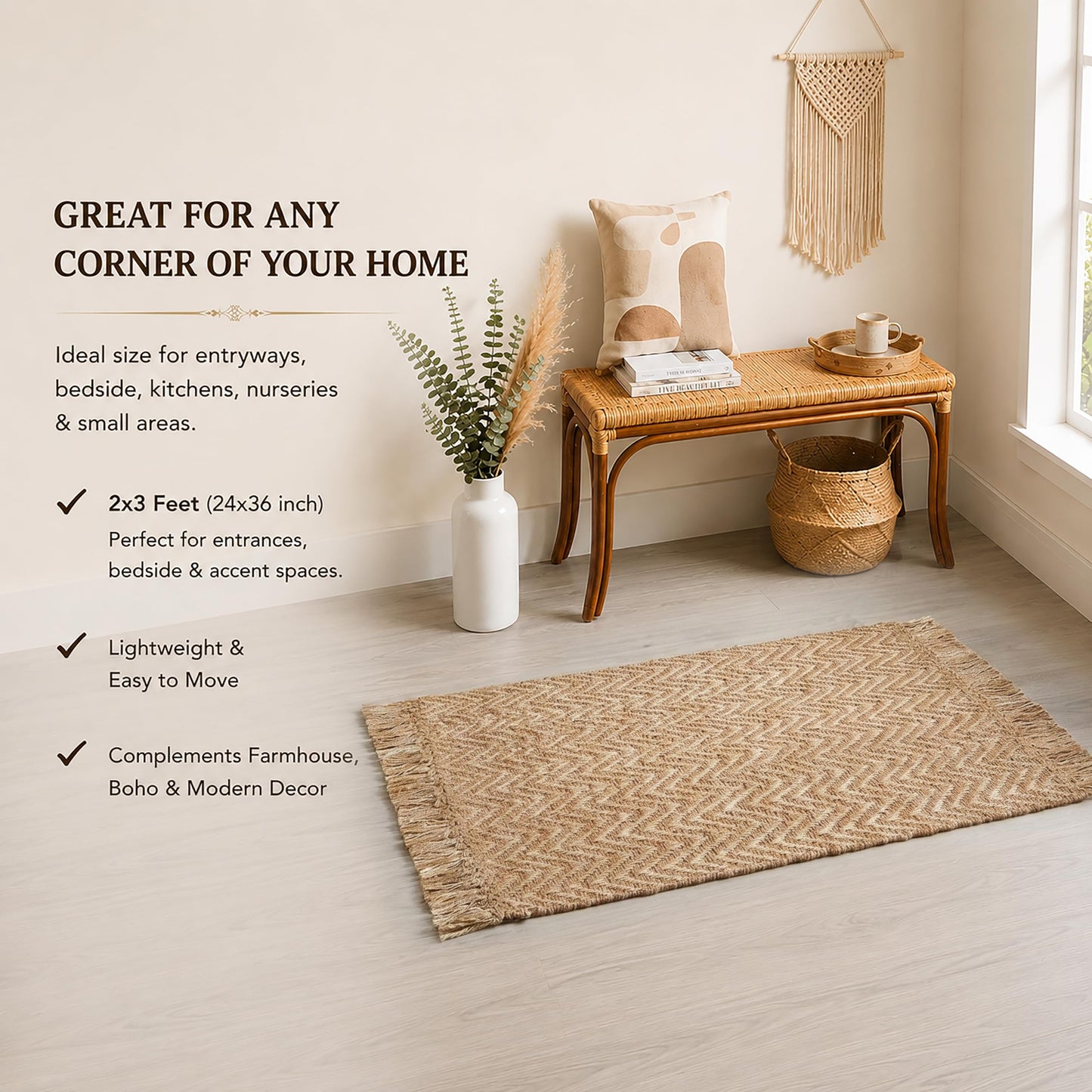 Chevron Weave with Fringes Woven Area Rug 2x3 Ft - Beige, Small Soft Decorative Reversible Front Door Mats Ideal for Entryway, Kitchen, Nursery, Office | Farmhouse Brown Accent Indoor Space Decor Mat