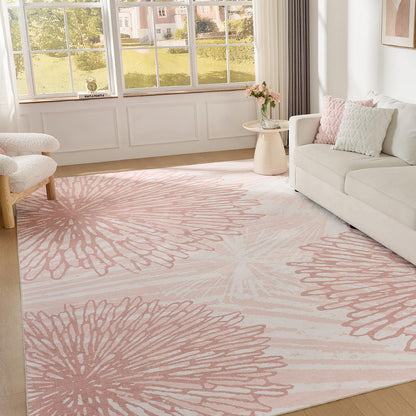 Pink Rugs for Bedroom Girls: 12x15 Modern Large Washable Soft Cute Boho Floral Pattern Area Rug Neutral Indoor Floor Non-Slip Carpet for Living Room Dining Nursery Kids Playroom Baby Room House Decor