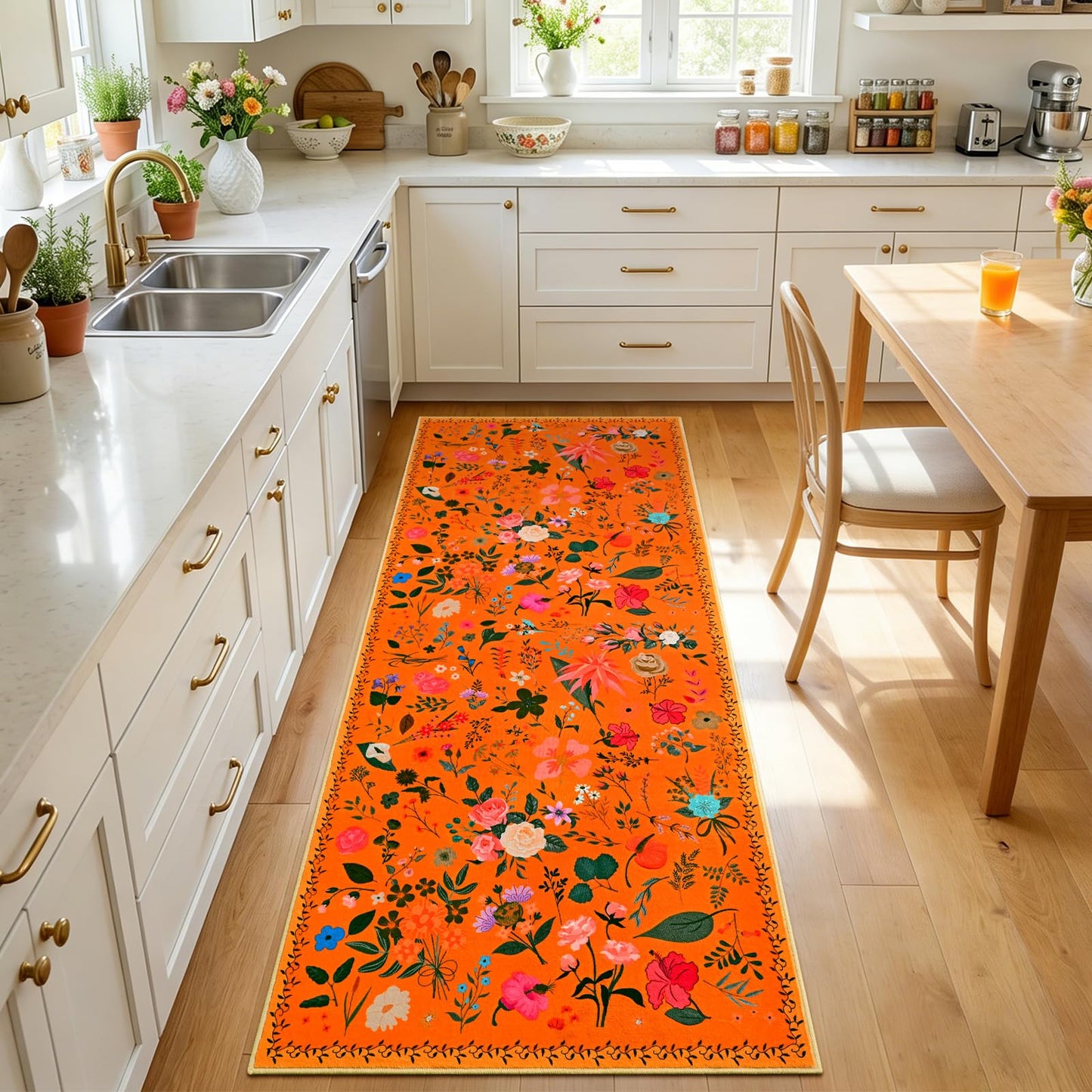 ISEAU Floral Kitchen Rugs 2x6, Washable Boho Flower Area Rug, Non-Slip Low-Pile Carpet with TPE Backing for Bedroom, Kid Friendly Flower Rug for Hallway Nursery Runner Laundry Dining Room, Orange