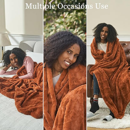 Krifey Burnt Orange Faux Fur Blanket for Queen Size Bed, 3D Marble Texture Soft Cozy Fuzzy Plush Thick Fall Blanket, Birthday for Women Mom Girlfriend, Camel, 90x90in