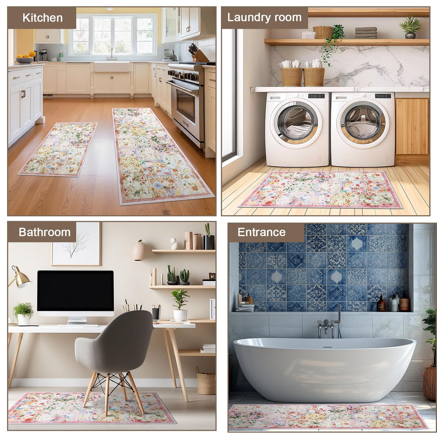 Klyyo Clyro Pink Floral Kitchen Rugs Set of 2 Cute Farmhouse Floor Mats Soft Non Slip Cushioned Washable Kitchen Rugs for Home Entrance Laundry Office Sink Spring Summer Decor, 17 x30 +17 x47