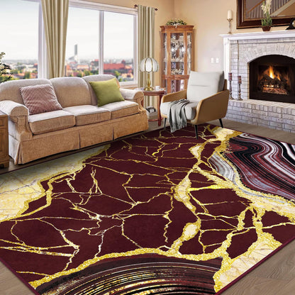 ASPMIZ Marble 9x12 Area Rug Red and Gold Washable Rugs for Living Room, Soft Faux Wool Bedroom Rugs Non Slip Modern Floor Carpet Low Profile Extra Large Throw Rug for Dining Room Home Office Decor