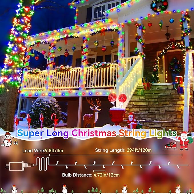 Heceltt Christmas Lights Outdoor, 403FT 1000 LED String Lights 8 Modes and Timer Memory Function Twinkle Fairy Lights IP44 Waterproof Plug in for Xmas Tree Wedding Party Holiday Decor(Multicolor)