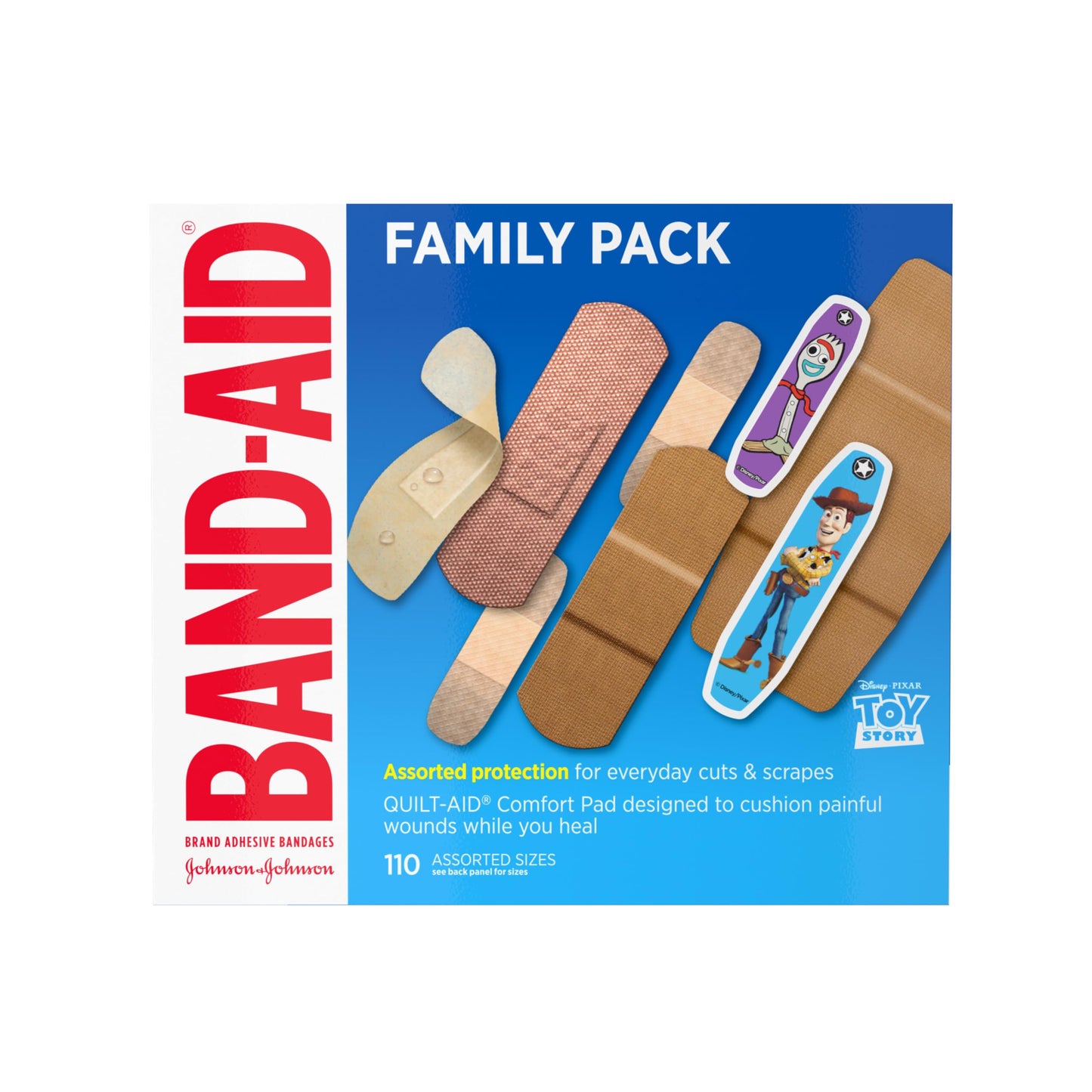 BAND-AID Brand Adhesive Bandage Family Variety Pack in Assorted Sizes Featuring Water Block Flex, Flexible Fabric, Skin-Flex, Tough Strips & Pixar Character Bandages, 110 ct