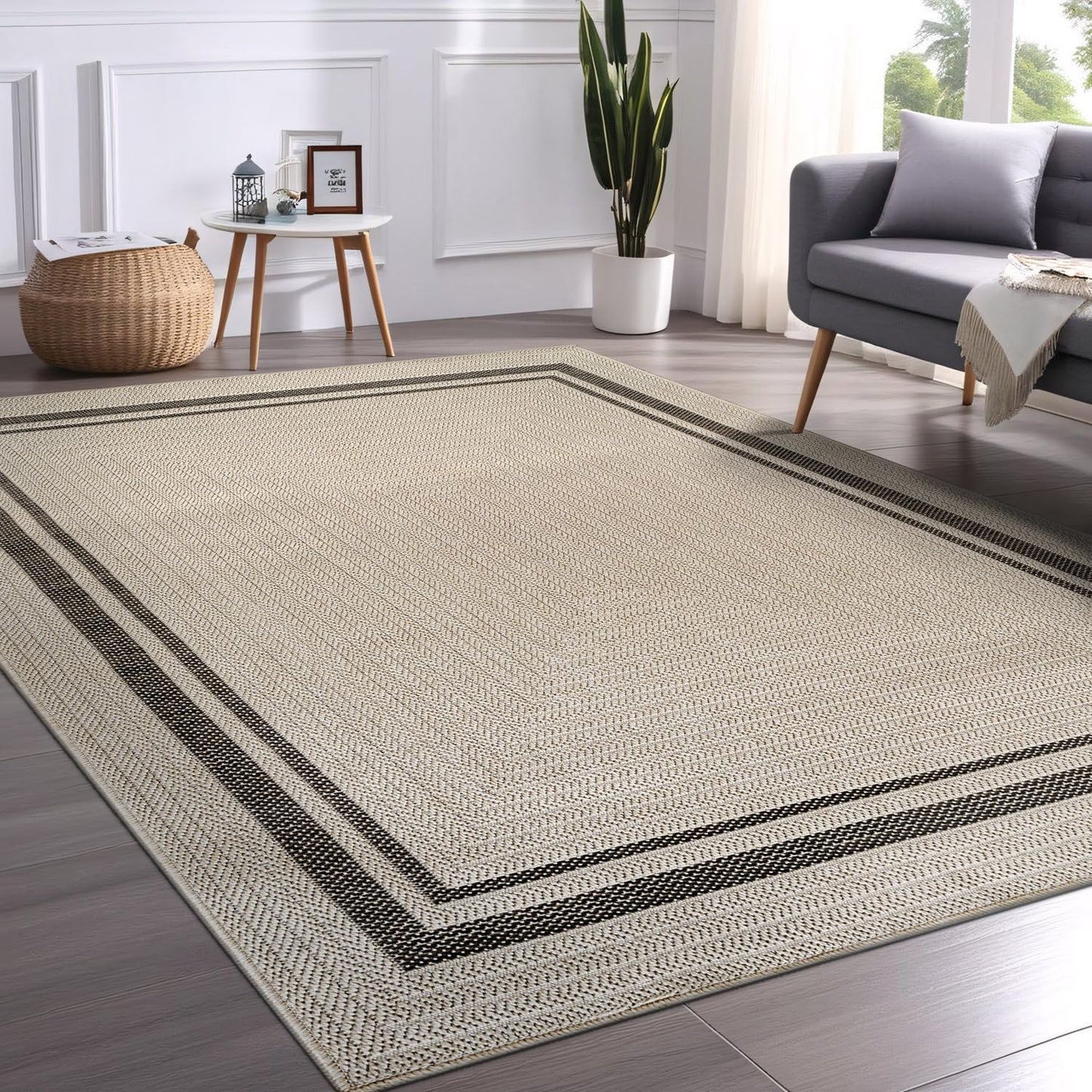 Beverly Rug Easy Jute Bordered Rug 8x10 Washable Durable Indoor Outdoor Area Rugs for Living Dining Room Patio Office Stain Resistant Non Shedding Casual Indoor Outside Carpet 8 x 10 Off-White