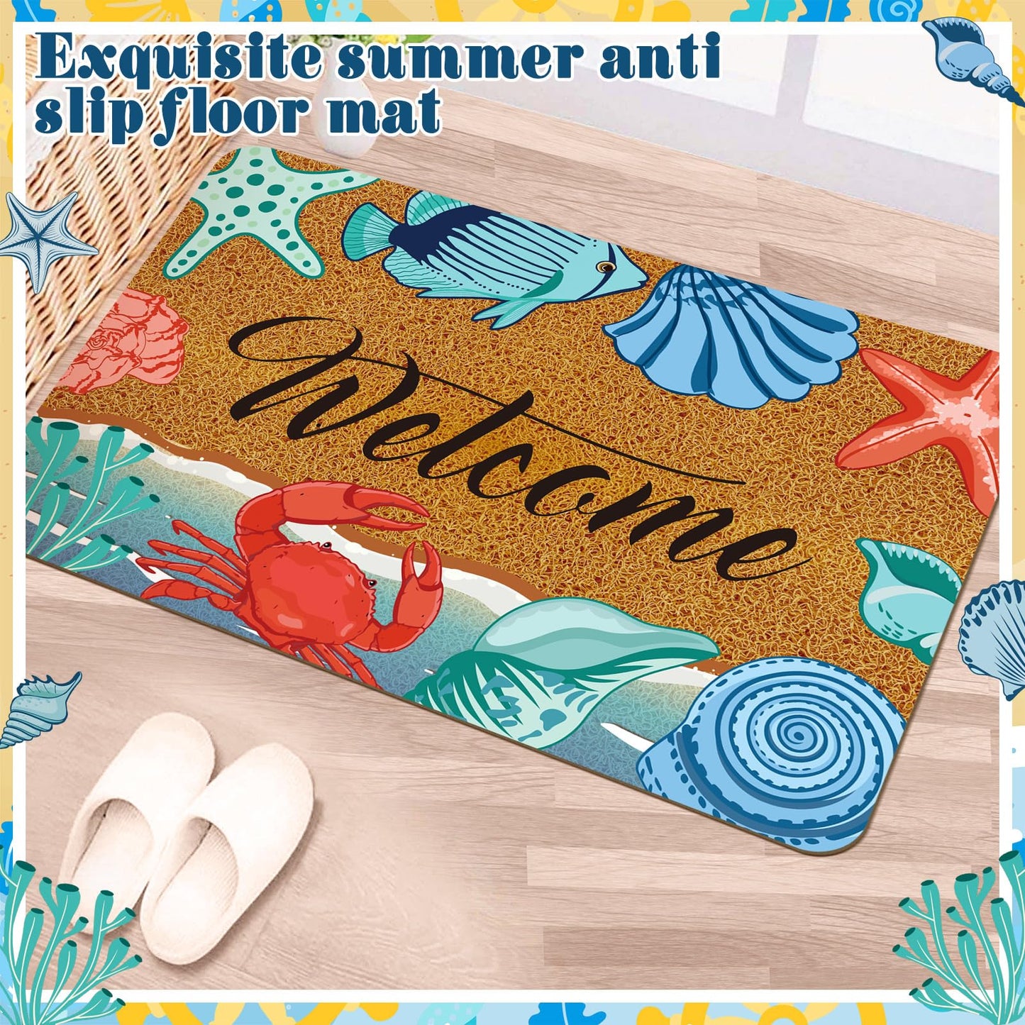 Moucuny 2 Pcs Coastal Beach Coir Door Mat Holiday Coastal Doormat 15.75 x 23.62 Inches Non Slip Entrance Coir Rugs for Farmhouse Home Kitchen Front Outdoor Indoor Summer Welcome Beach Rugs