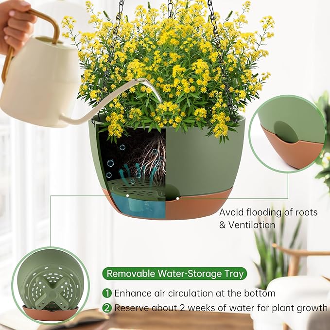 Set of 2 10 Inch Self Watering Hanging Planters for Indoor Outdoor Plants, Color Blocking Hanging Baskets Flower Pots with Drainage Hole & Removable Water-Storage Tray and 20" Chain Hanger