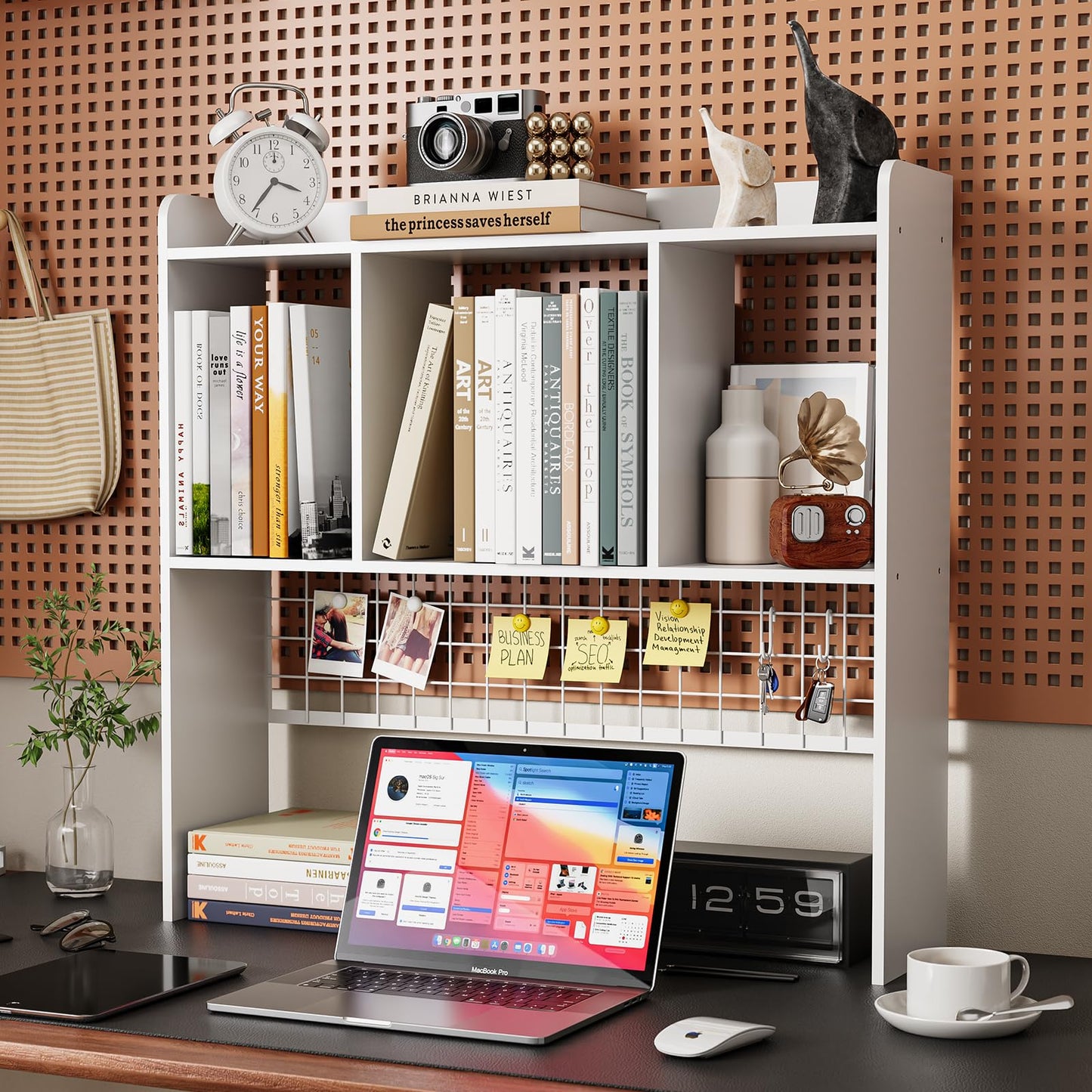 FNBAR Desktop Bookshelf,Countertop Storage Hutch with 3 Shelves for Computer Desk，2-Tier Display Rack with Grid Panel, Multipurpose Wood Desk Hutch Storage Organizer for Home Office Dorm (White)
