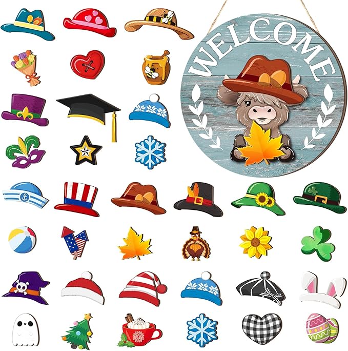 Vicenpal 35 Pcs Christmas Interchangeable Highland Cow Welcome Sign Highland Cow Seasonal Wooden Hanging Door Decor Thanksgiving Farmhouse Hanging Sign for Front Door Xmas Party (Grey Blue)