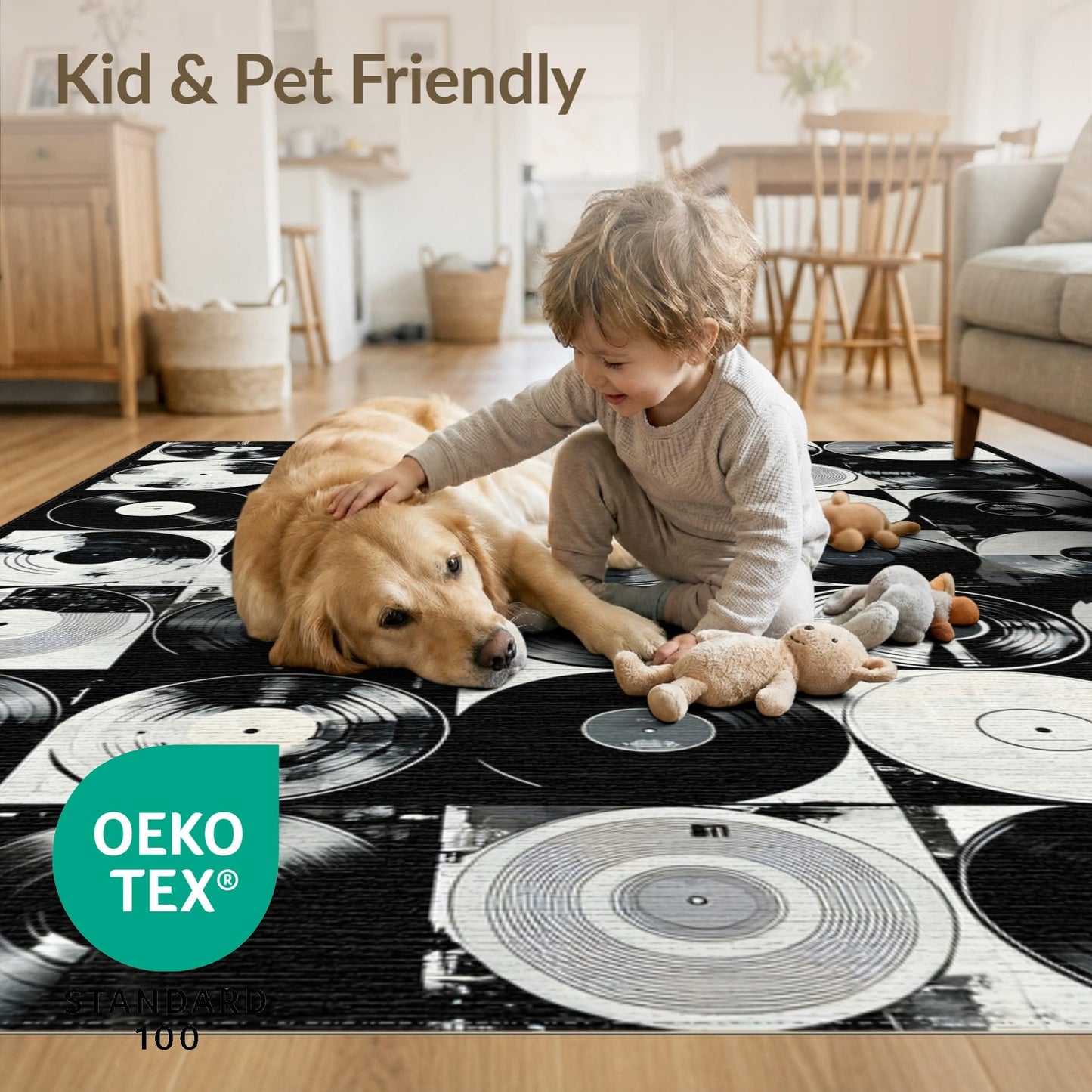ODIKA Flatwoven High Traffic Area Rug 8x10, Vinyl Record Inspired with Classic Rock Band Graphics, Non Slip, Stain Resistant, Washable Area Rugs for Living Room, Bedroom (Black, 8x10)