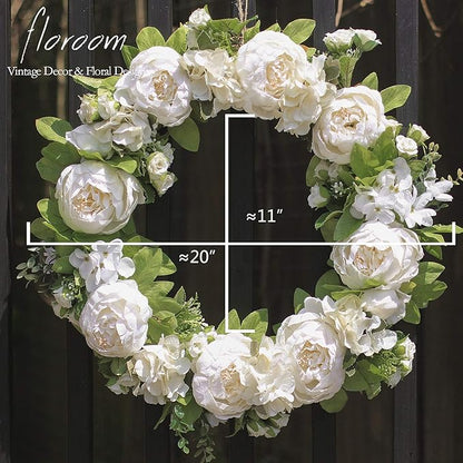 Floroom Floral Wreath, 20" Artificial White Peony Hydrangea Wreath for Front Door Wedding Decorations Wall Decor