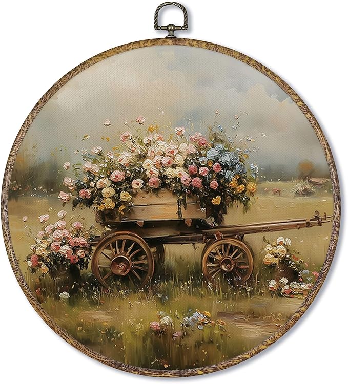 Fewgb Farmhouse Floral Cart Round Wall Art Decor Framed, Vintage French Country Canvas Wall Art Prints Picture, Rustic Cottagecore Wildflower Hanging Room Decor Artwork for Gallery Bedroom 10x10