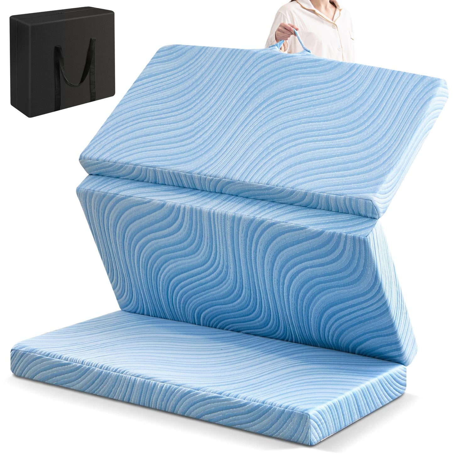 SINWEEK Foldable Trifold Tri Fold Portable Folding Topper Full - 3.8 Inch Memory Foam & High Density Foam with Cooling Fabric, Floor Mat for Travel Camping RV Temporary