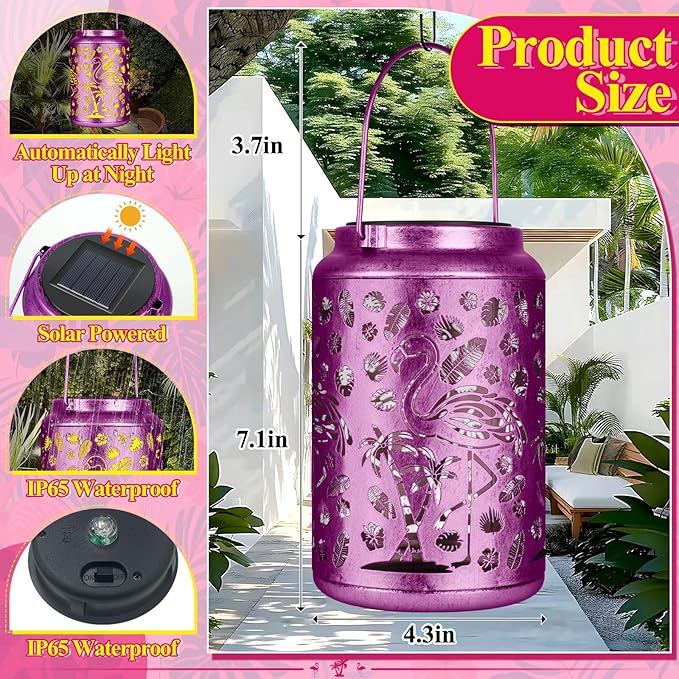 Solar Lanterns Outdoor Waterproof Flamingo Garden Decor Lantern, Gifts for Women ,Retro Metal Hanging Solar Lights Decoration Outside for Yard, Patio,Backyard,Porch (Purple