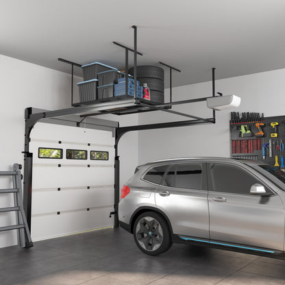 FLEXIMOUNTS 4x4 Overhead Garage Storage Rack, Adjustable Organization System, Heavy-Duty Metal Ceiling Racks, 350lbs Weight Capacity, Black, Classic Series