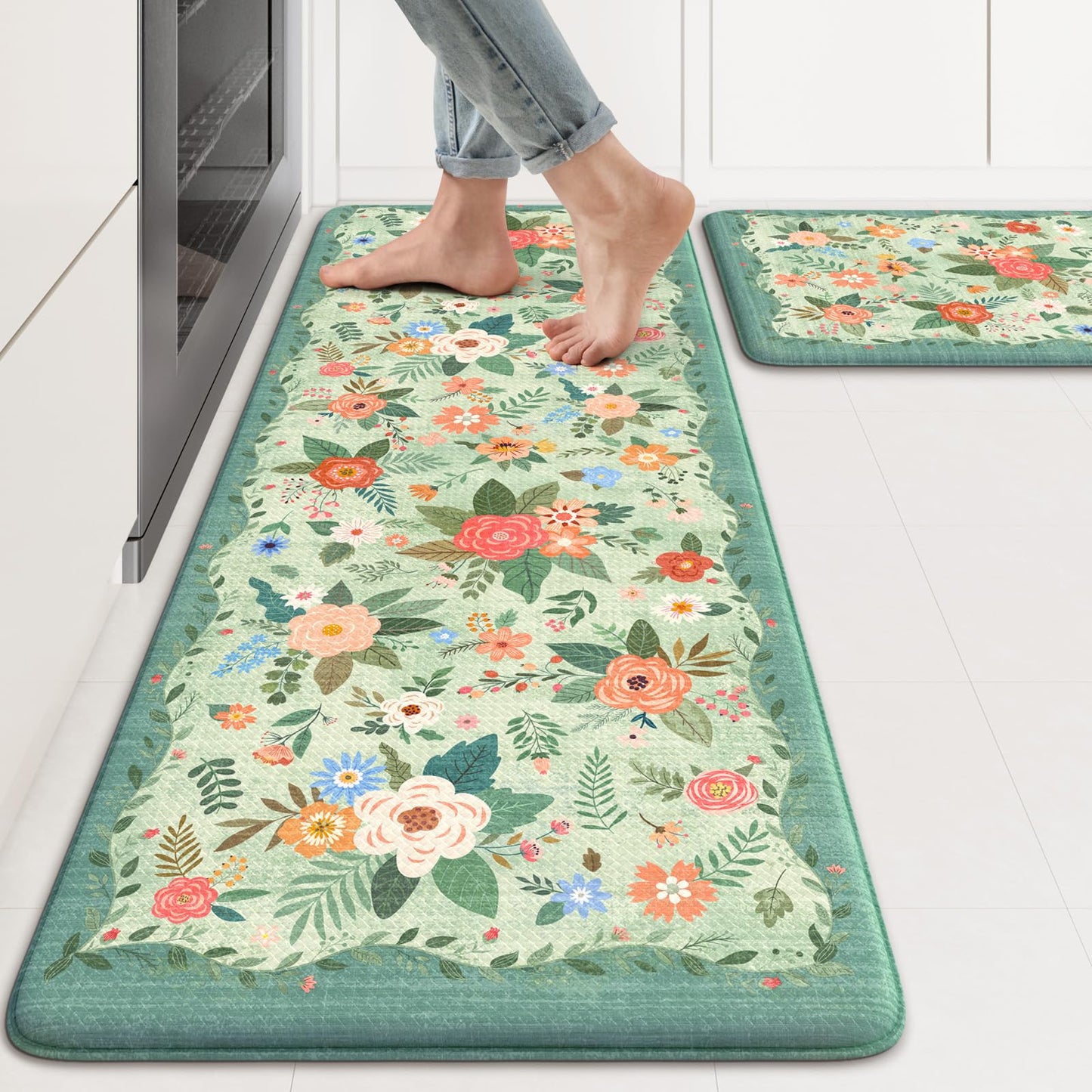 KIMODE Anti Fatigue Mats for Kitchen Floor 17"x47"+17"x29",Green Farmhouse Kitchen Rugs Sets of 2, Cushioned Kitchen Floor Mats Non Skid, Memory Foam Mats for Laundry Office Sink Desk